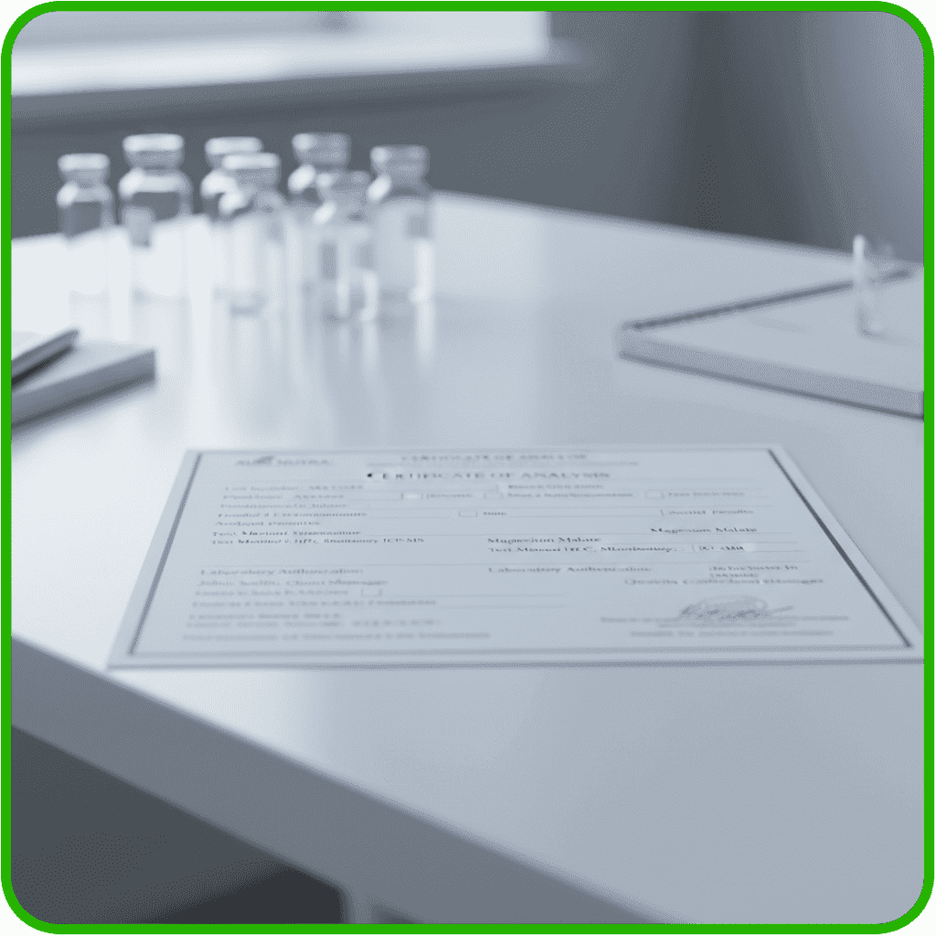 Certificate of Analysis document and laboratory testing vials